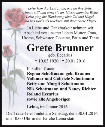 Traueranzeige von Grete Brunner von Ostthüringer Zeitung, Thüringische Landeszeitung