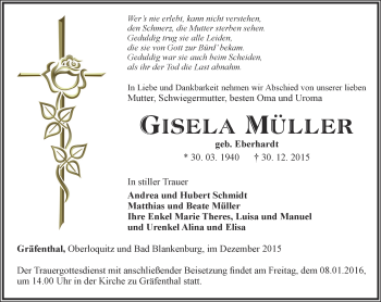 Traueranzeige von Gisela Müller von Ostthüringer Zeitung