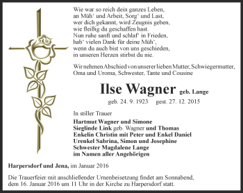 Traueranzeige von Ilse Wagner von Ostthüringer Zeitung