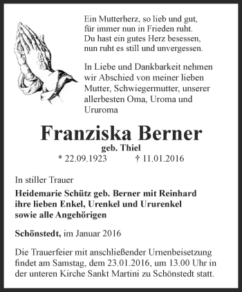 Traueranzeige von Franziska Berner von Thüringer Allgemeine, Thüringische Landeszeitung