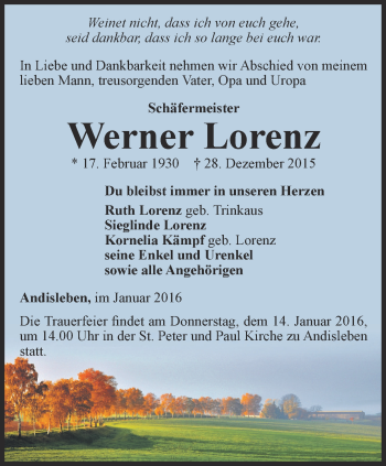 Traueranzeige von Werner Lorenz von Ostthüringer Zeitung, Thüringische Landeszeitung