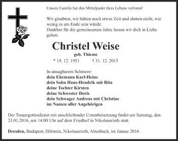 Traueranzeige von Christel Weise von Thüringer Allgemeine