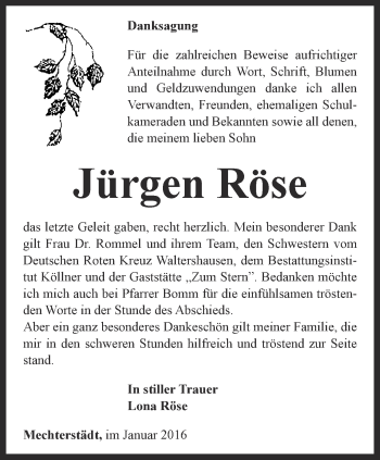 Traueranzeige von Jürgen Röse von Ostthüringer Zeitung, Thüringische Landeszeitung