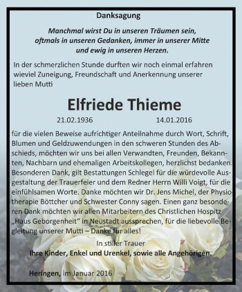 Traueranzeige von Elfriede Thieme von Thüringer Allgemeine