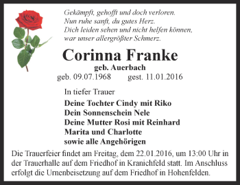 Traueranzeige von Corinna Franke von Thüringer Allgemeine, Thüringische Landeszeitung