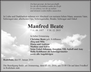 Traueranzeige von Manfred Beate von Thüringer Allgemeine