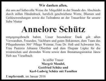 Traueranzeige von Annelore Schütz von Thüringer Allgemeine, Thüringische Landeszeitung