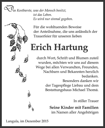 Traueranzeige von Erich Hartung von Thüringer Allgemeine, Thüringische Landeszeitung