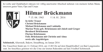 Traueranzeige von Hilmar Brückmann von Thüringer Allgemeine, Thüringische Landeszeitung