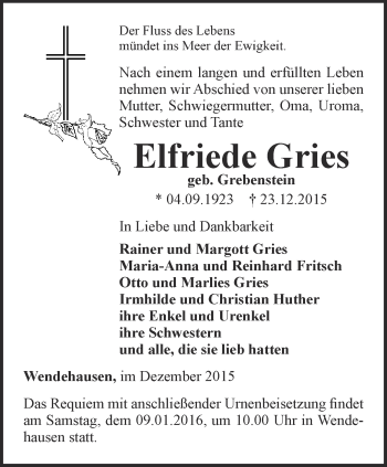 Traueranzeige von Elfriede Gries von Thüringer Allgemeine, Thüringische Landeszeitung