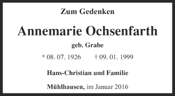 Traueranzeige von Annemarie Ochsenfarth von Thüringer Allgemeine, Thüringische Landeszeitung