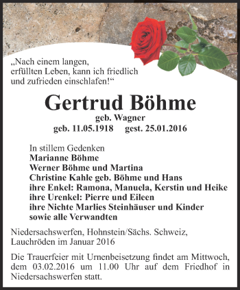 Traueranzeige von Gertrud Böhme von Thüringer Allgemeine