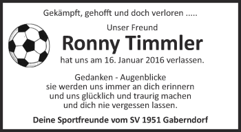 Traueranzeige von Ronny Timmler von Thüringer Allgemeine, Thüringische Landeszeitung