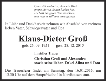 Traueranzeige von Klaus-Dieter Groß von Thüringer Allgemeine