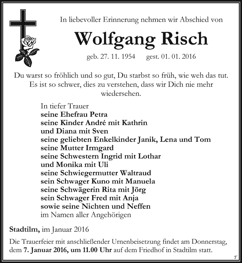  Traueranzeige für Wolfgang Risch vom 06.01.2016 aus Thüringer Allgemeine