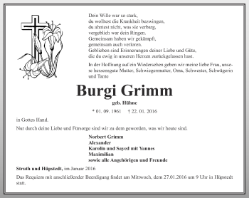 Traueranzeige von Burgi Grimm von Thüringer Allgemeine, Thüringische Landeszeitung