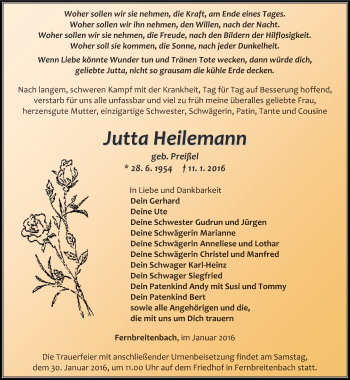 Traueranzeige von Jutta Heilemann von Thüringer Allgemeine, Thüringische Landeszeitung