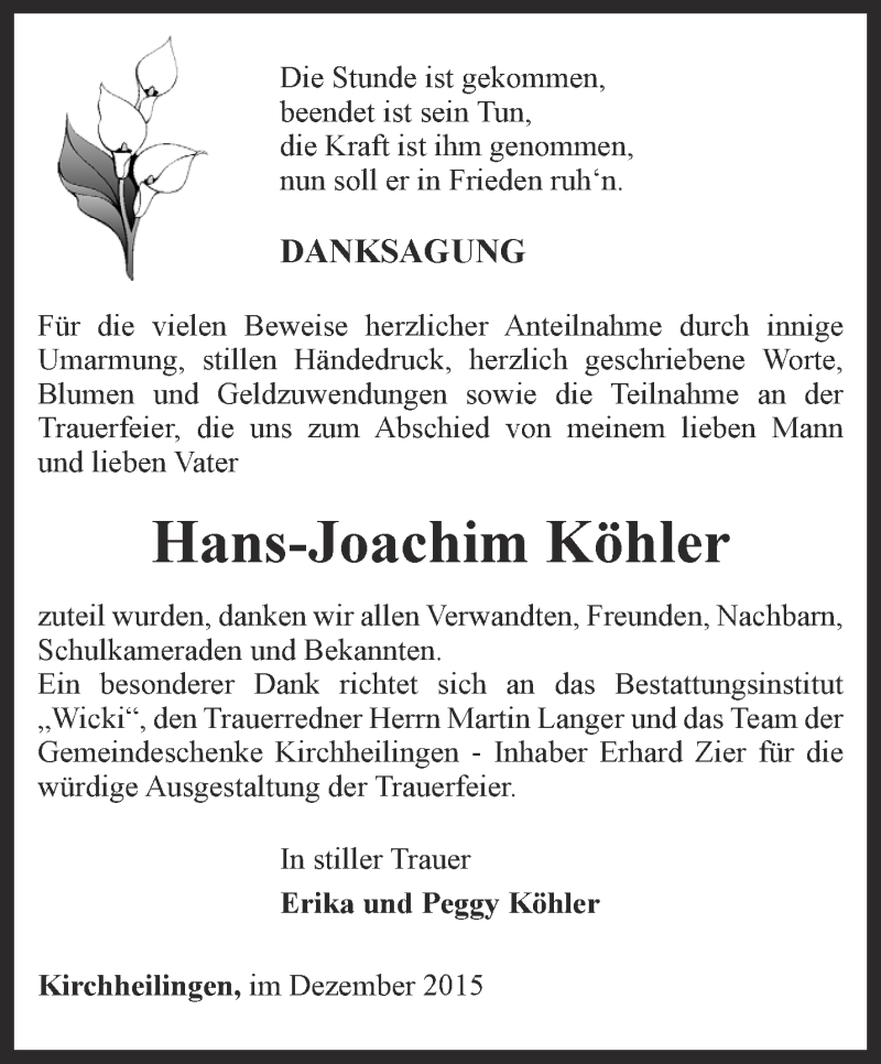 Traueranzeigen von HansJoachim Köhler trauerinthueringen.de