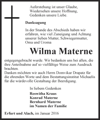 Traueranzeige von Wilma Materne von Thüringer Allgemeine, Thüringische Landeszeitung