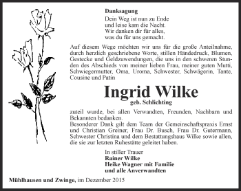 Traueranzeige von Ingrid Wilke von Thüringer Allgemeine, Thüringische Landeszeitung
