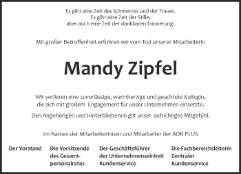 Traueranzeige von Mandy Zipfel von Ostthüringer Zeitung