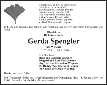Traueranzeige von Gerda Spengler