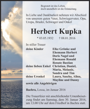 Traueranzeige von Herbert Kupka von Thüringer Allgemeine