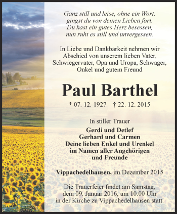 Traueranzeige von Paul Barthel von Thüringer Allgemeine, Thüringische Landeszeitung