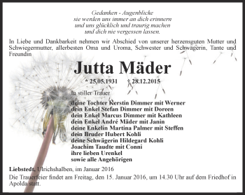 Traueranzeige von Jutta Mäder von Thüringer Allgemeine, Thüringische Landeszeitung