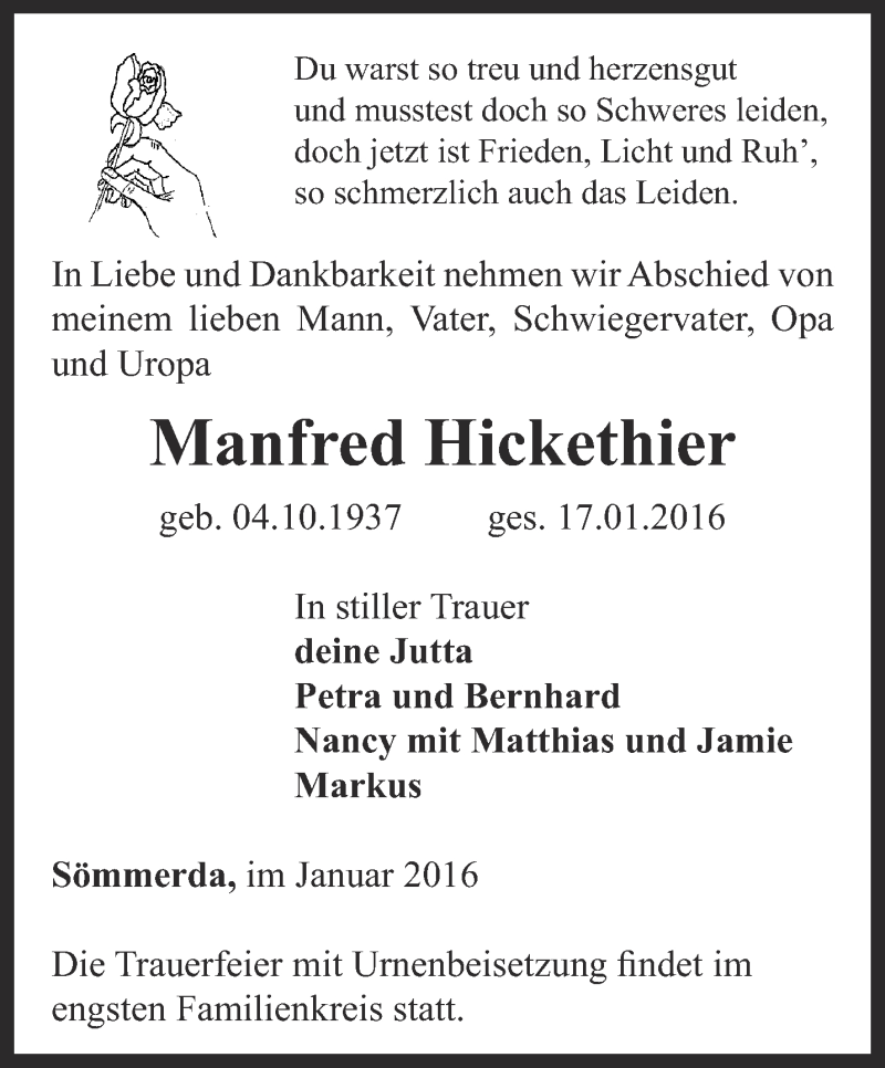  Traueranzeige für Manfred Hickethier vom 22.01.2016 aus Thüringer Allgemeine