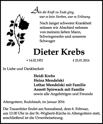 Traueranzeige von Dieter Krebs von Thüringer Allgemeine, Thüringische Landeszeitung