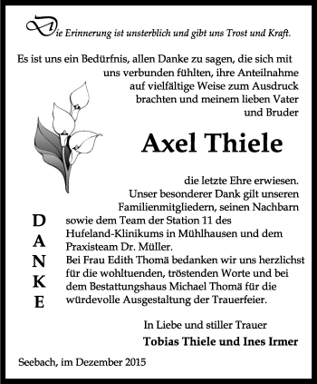 Traueranzeige von Axel Thiele von Thüringer Allgemeine, Thüringische Landeszeitung