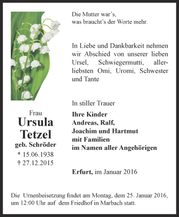 Traueranzeige von Ursula Tetzel