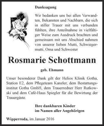 Traueranzeige von Rosmarie Schottmann von Ostthüringer Zeitung, Thüringische Landeszeitung