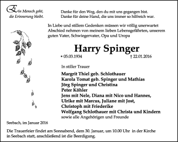 Traueranzeige von Harry Spinger von Thüringer Allgemeine, Thüringische Landeszeitung