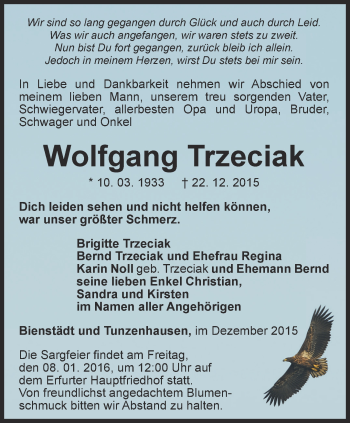 Traueranzeige von Wolfgang Trzeciak von Thüringer Allgemeine, Thüringische Landeszeitung