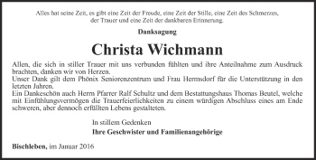 Traueranzeige von Christa Wichmann von Thüringer Allgemeine, Thüringische Landeszeitung