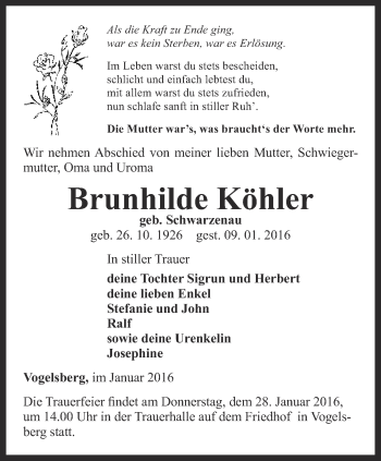 Traueranzeige von Brunhilde Köhler von Thüringer Allgemeine