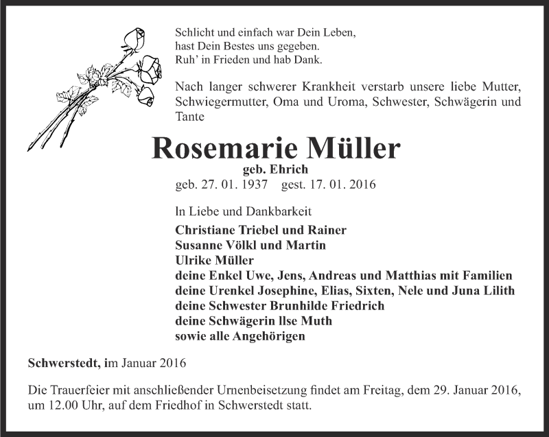  Traueranzeige für Rosemarie Müller vom 22.01.2016 aus Thüringer Allgemeine