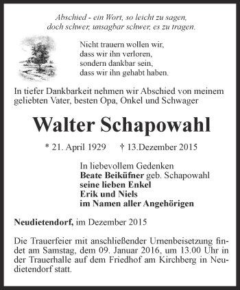 Traueranzeige von Walter Schapowahl von Thüringer Allgemeine, Thüringische Landeszeitung