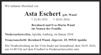 Traueranzeige von Asta Eschert von Thüringer Allgemeine