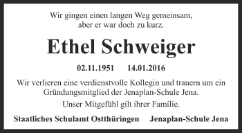 Traueranzeige von Ethel Schweiger von Ostthüringer Zeitung, Thüringische Landeszeitung