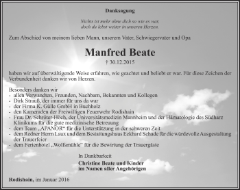 Traueranzeige von Manfred Beate von Thüringer Allgemeine