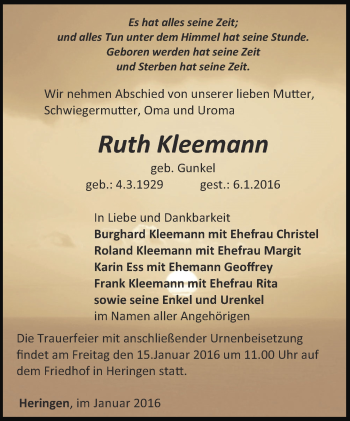Traueranzeige von Ruth Kleemann von Thüringer Allgemeine