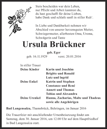 Traueranzeige von Ursula Brückner von Thüringer Allgemeine, Thüringische Landeszeitung