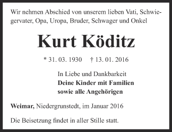 Traueranzeige von Kurt Köditz von Thüringer Allgemeine, Thüringische Landeszeitung