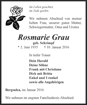 Traueranzeige von Rosmarie Grau von Thüringer Allgemeine, Thüringische Landeszeitung