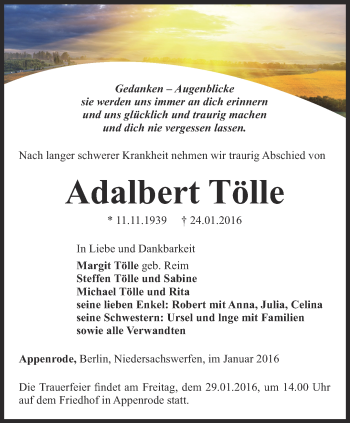 Traueranzeige von Adalbert Tölle von Thüringer Allgemeine