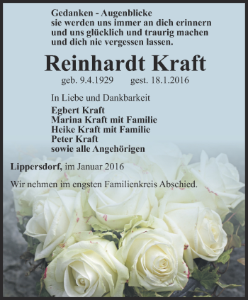 Traueranzeige von Reinhardt Kraft von Ostthüringer Zeitung