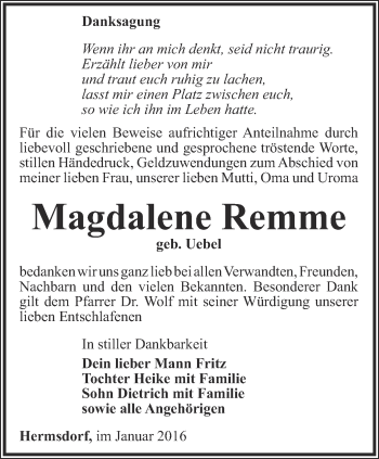 Traueranzeige von Magdalene Remme von Ostthüringer Zeitung
